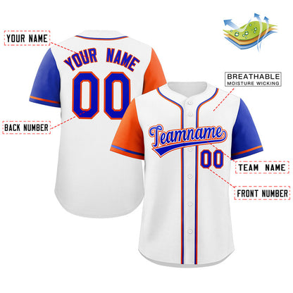 Custom White Royal-Orange Raglan Sleeves Authentic Baseball Jersey