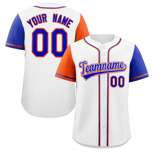 Custom White Royal-Orange Raglan Sleeves Authentic Baseball Jersey