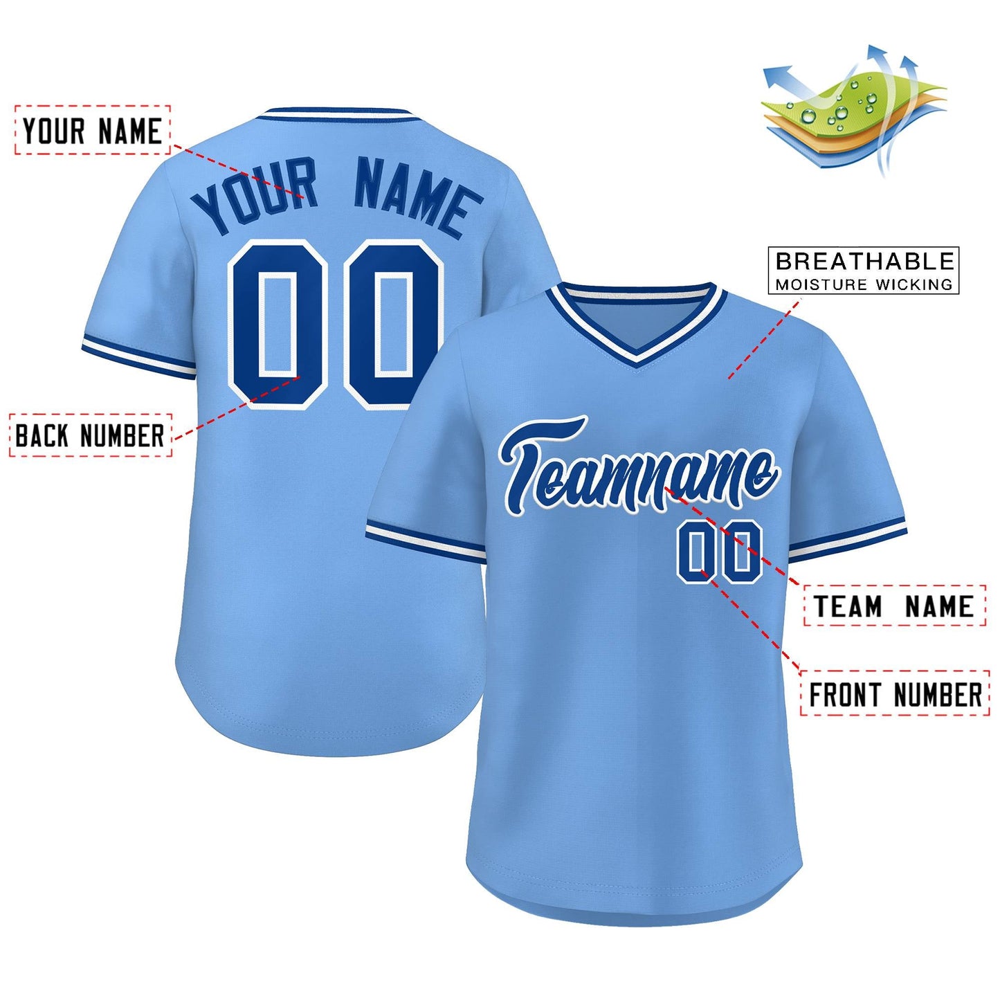 Custom Light Blue Royal-White Classic Style V-Neck Authentic Pullover Baseball Jersey