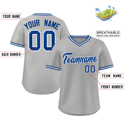 Custom Gray Royal-White Classic Style V-Neck Authentic Pullover Baseball Jersey