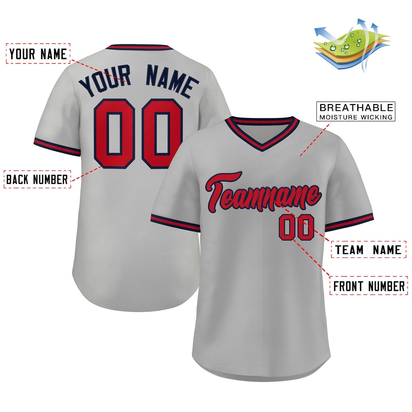 Custom White Red Navy Classic Style V-Neck Authentic Pullover Baseball Jersey